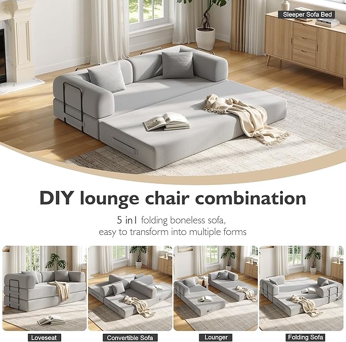 79 Inch 5-in-1 Convertible Sofa Bed, Corduroy Boneless Floor Couch with Fixed Frame & Pillow, Modular Folding Mattress Lounger for Small Space, Living Room, Bedroom - Easy Assembly(Light Gray)