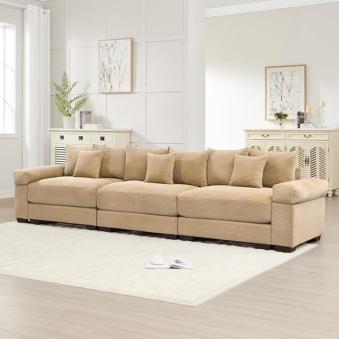 KEIKI 130" Oversized Corduroy Modular Cloud Sectional Sofa with High-Density Foam Cushions, Extra-Thick Armrest, Upholstered Modern 3-Seater Fluffy Corner Couch with 9 Pillow, for Living Room, Camel