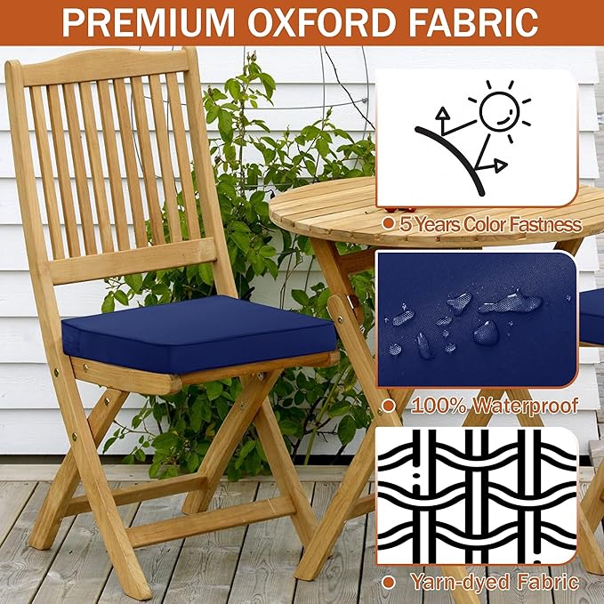 Outdoor Chair Cushions 16 x 17 Inch, Set of 4, Waterproof Patio Chair Cushions with Tie 5 Year Color Fastness Thick Outdoor Seat Cushion for Garden Lawn Patio Furniture Navy