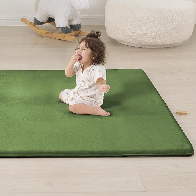 PAPAMAT 1.3" Thick Baby Floor Play Mat 50x50, Basic Padded Foam Mat for Tummy Time Crawling, Non Slip Cushioned for Babies Toddlers Infants Kids (Olive)