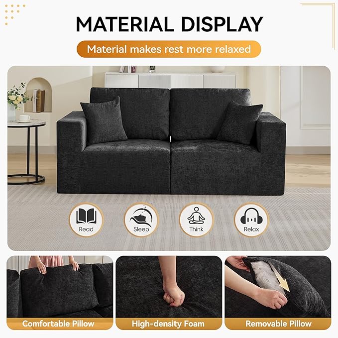 83'' Boneless Loveseat Sofa, Comfy Deep Seat Sectional Cloud Couch, No Assembly Chenille Love Seat for Living Room, Black