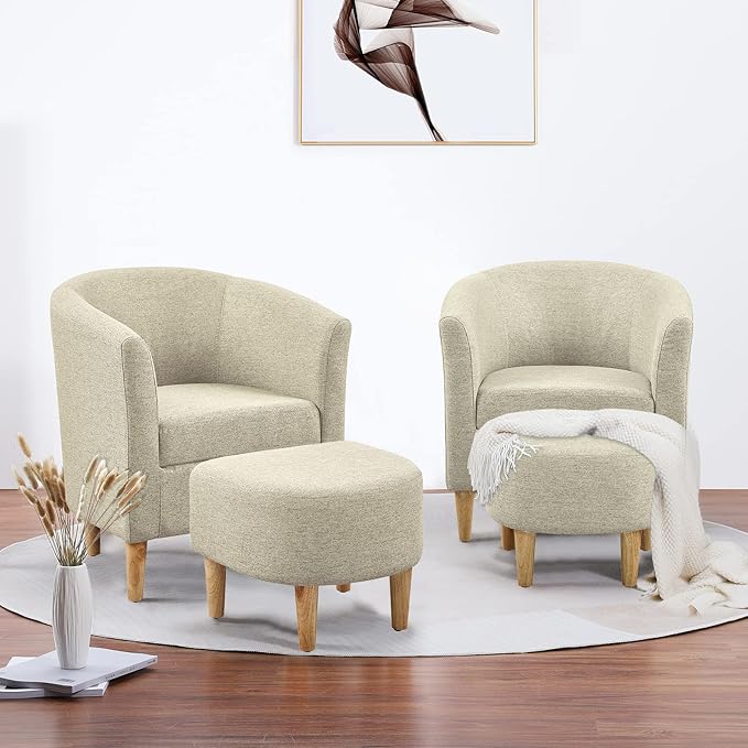 DAZONE Accent Chair, Barrel Chair with Ottoman Comfy Arm Mid Century Modern Footrest Set Comfortable Living Room Chairs Upholstered Club Tub Sofa for Bedroom Reading Beige Set of 1