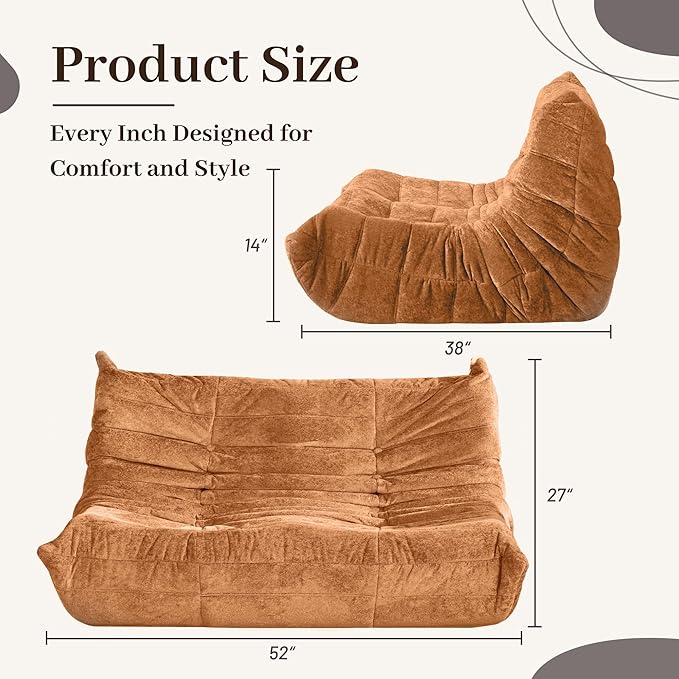HABUTWAY Bean Bag Chair, Giant Bean Bag Chairs for Adults, Loveseat Fireside Chair, 2 Seater Lazy Bean Bag Sofa Memory Foam Couch for Living Room, Bedroom, Office (Brown)