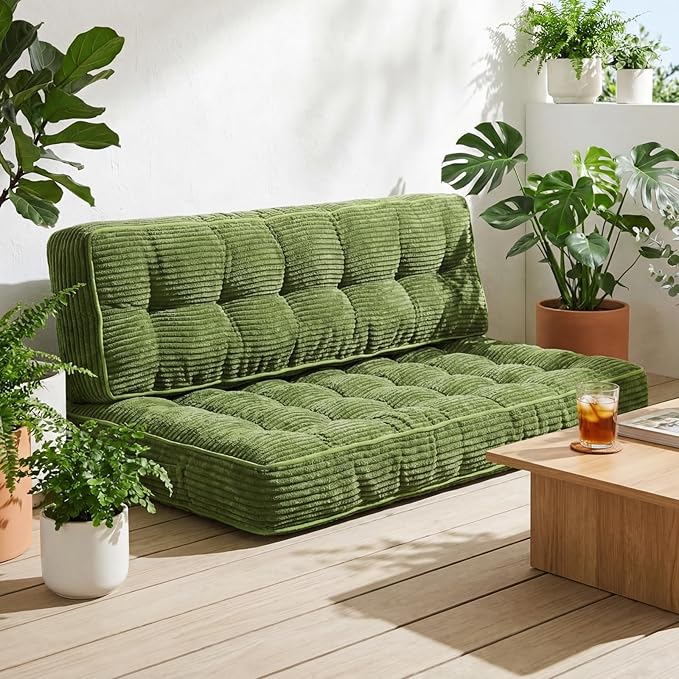 Vercraft 63 Inch Folding Bench Cushion, 4 Inch Thick 2-in-1 Convertible Long Floor Lounger Boneless Cushions Couch Mattress Upholstered for Yoga, Reading, Sleeping, Meditation Living Room(Dark Green)