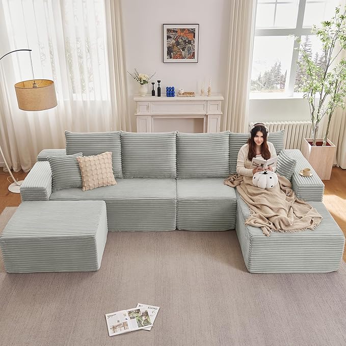 Lakifun 135" U-Shape Cloud Couch, Modern Modular Sectional Comfy L-Shape Sofa with Ottoman, Deep Seat, Upholstered Corduroy Sleeper Chaise Longue for Living Room Bedroom, No Assembly Required, Grey