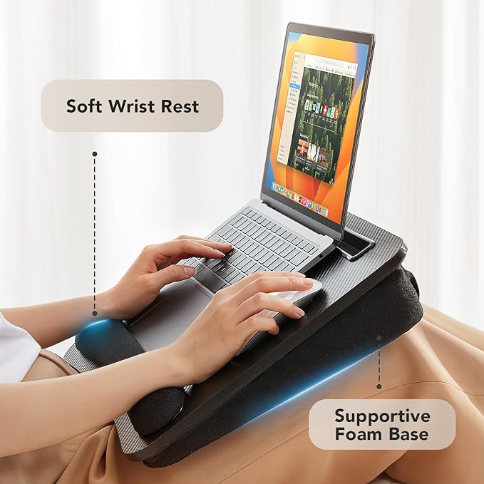 HUANUO Lap Laptop Desk - Portable Lap Desk with Pillow Cushion, Fits up to 15.6 inch Laptop, with Anti-Slip Strip & Storage Function for Home Office Students Use as Computer Laptop Stand - Black