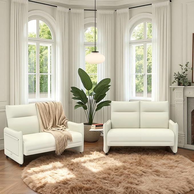 Faux Leather Loveseat, Upholstered Loveseat with Hidden Foldable Tray & Side Pocket, Front Contour Arm Design, Modern 2-Seater Sofa Couch for Compact Spaces, Beige