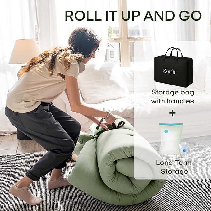 ZonLi Japanese Floor Futon Mattress King Size 80"x 76", 100% Cotton Cover 2.5'' Thicken Tatami Mattress, Foldable Sleeping Pad, Portable Dormitory Tatami Mat, Roll Up Floor Lounger Bed for Adult