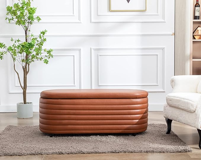 Storage Ottoman Bench Upholstered PU Leather End of Bed Stool with Safety Hinge for Bedroom, Living Room, Entryway (45.5-inch, Brown)