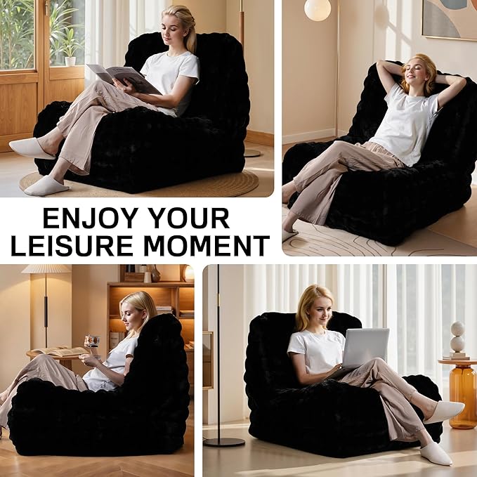 Bean Bag Chair for Adults, Giant Beanbag Lounger with Plush Faux Fur, Comfy Memory Foam Chair Floor Lazy Chair for Living Room Bedroom Dorm Apartment Reading Nook，Black