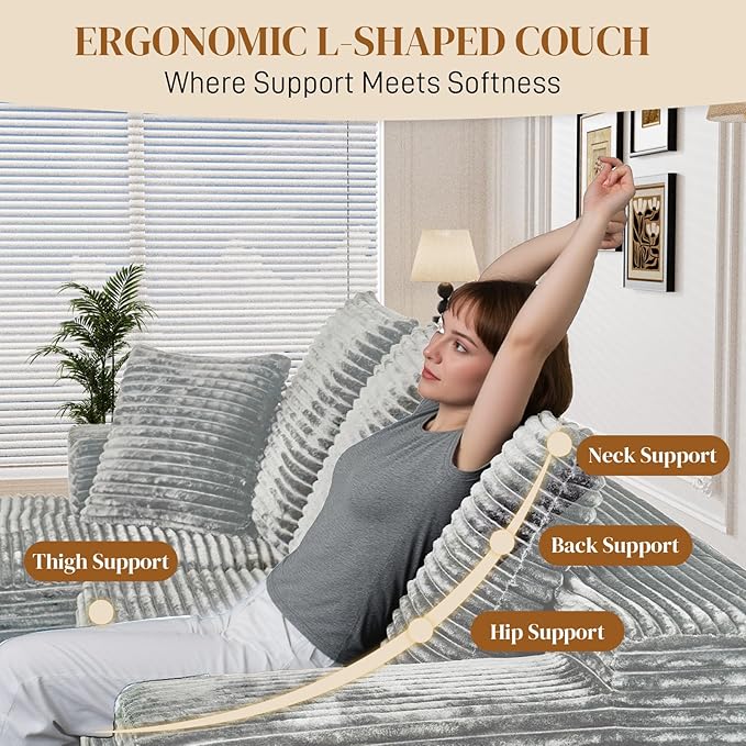 108" Boneless Cloud Sectional Couches for Living Room, Comfy Fluffy L Shaped Memory Foam Deep Seat Boneless Couch, Modular Sectional Sofa with Left Facing Chaise, Grey