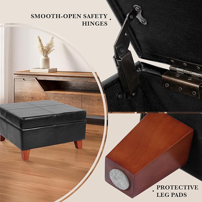 HomePop Faux Leather Square Storage Ottoman with Wood Legs, Black