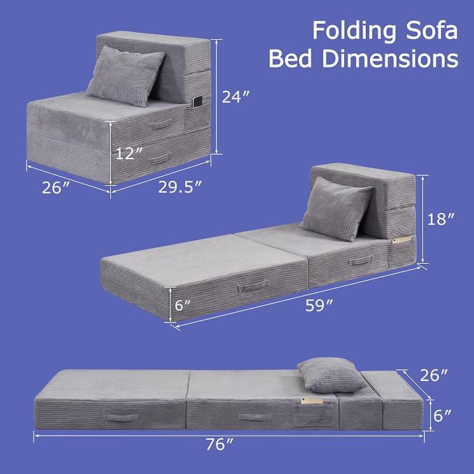 HILERO Folding Sofa Bed, 4 in 1 Convertible Sleeper Chair with Pillow, Single Memory Foam Fold Out Chair Bed, Modern Floor Futon Sofa Couch Mattress for Living Room/Guest/Apartment, Light Gray