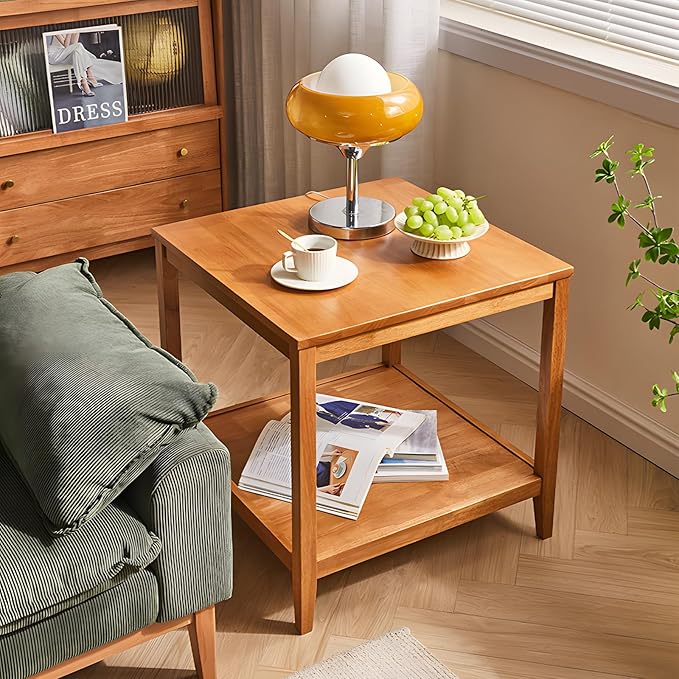 Cttasty Side Table, Solid Wood Square End Table with Storage Shelf, 2-Tier Coffee Table for Living Room, Rubber Wood Small Sofa Table, Nightstand 23.62 H x 23.62 W x 23.62 D Inches (Natural)