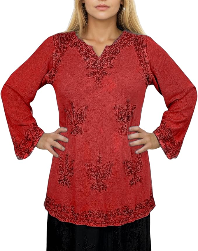 Agan Traders 2025 Winter Long Sleeve Diamond Neck Embroidered Tops - Medieval Boho Vintage Tunic Kurta Blouses for Women
