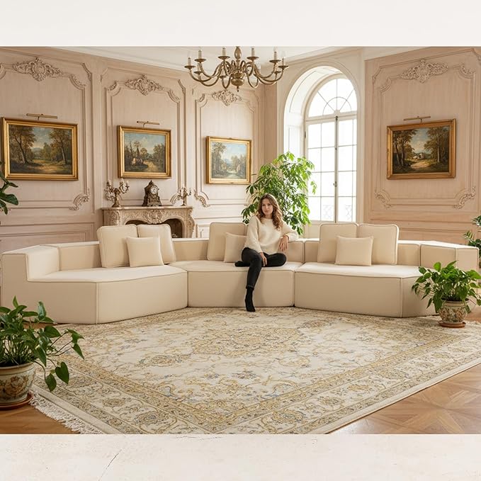 EPOFIT 181" Extra Large Modular Sectional Sofa, 3-Piece Couch with Teddy Fleece, Full-Foam Cushions and 9 Pillows, High-Density Foam Padding, All-Compressed Design – Beige