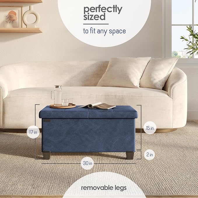 Storage Ottoman Bench with Bins, 30-in Storage Bench for Bedroom End of Bed, Folding Foot Rest Ottoman for Living Room Max 660lbs, Faux Leather Ottomans, Blue