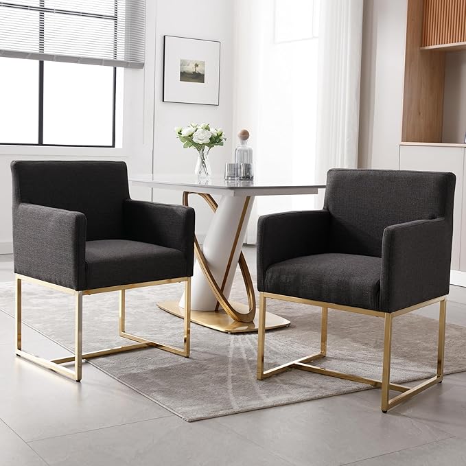 BESTANO Upholstered Dining Chairs with Armrest Set of 6 Mid Century Modern Accent Chairs Armchairs with Gold Metal Frame, Modern Kitchen & Dining Room Chairs, Charcoal