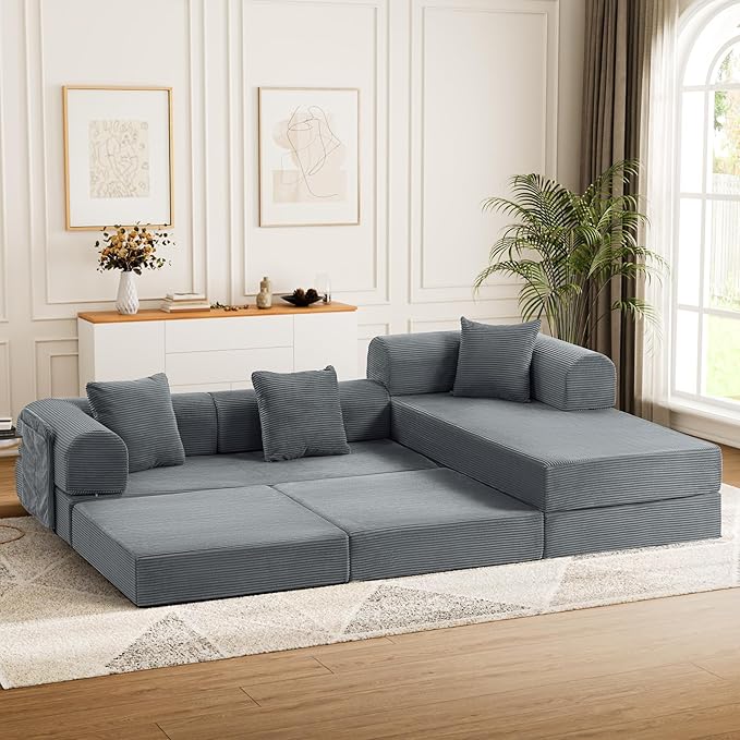 106.3" Oversized Convertible Sleeper Sofa Bed, L Shape Modular Sectional Cloud Sofa with Fixed-Shape Frame, Boneless Couch with Storage Pocket for Living Room, No Assembly Required, Dark Gray