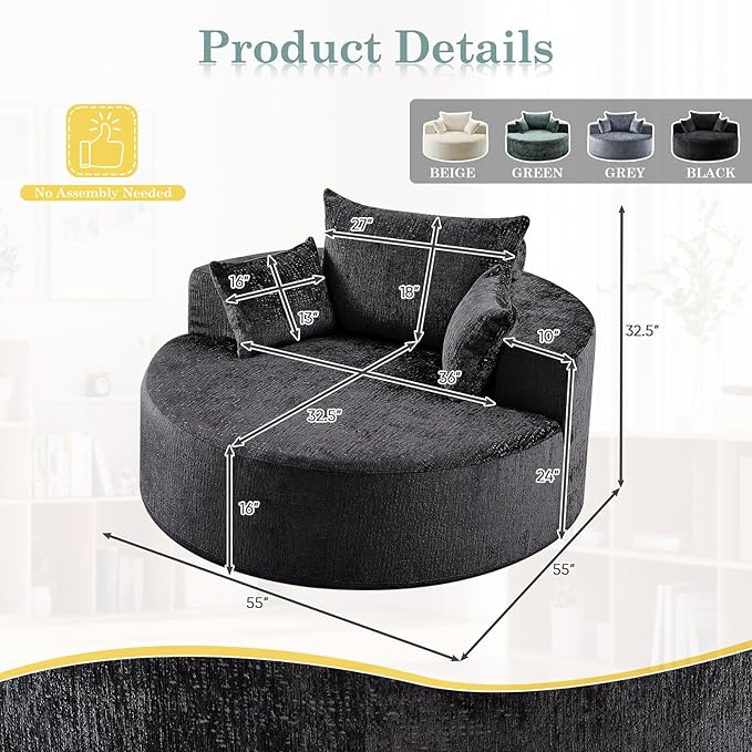Oversized Round Chaise Longue Chair Indoor, Modern 55-inch Upholstered Chenille Deep Seat Circle Single Cloud Lounge Floor Sofa Chair for Living Room, Bedroom Apartment, Black