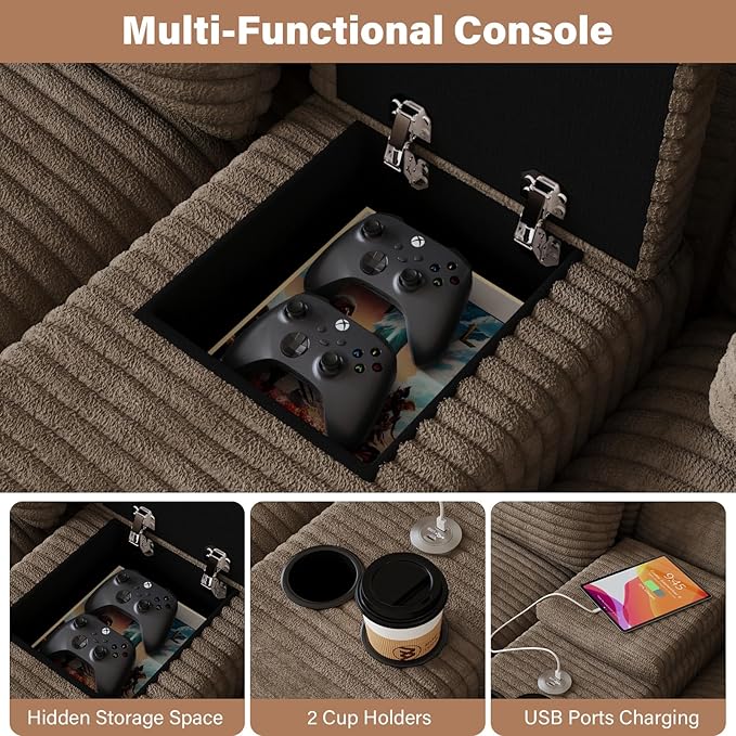 Modular Sectional Sofa with USB Cup Holders Storage, 143" U Shaped Cloud Couch Plush Corduroy Deep Seat Boneless Sofas with Double Chaise Lounge Sectional Couches Memory Foam for Living Room - Camel