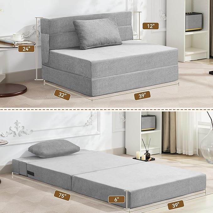 Folding Sofa Bed Convertible Floor Couch Foldable Chair Bed with Pillow，Linen Sleeper Chair Futon,Foldable Memory Foam Mattress for Bedroom/Living Room/Dorm/Office (Light Grey, Standard)