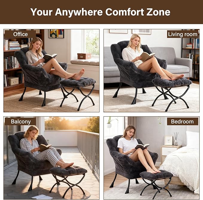 Welnow Lazy Chair with Ottoman, Modern Lounge Accent Chair with Armrests and a Side Pocket, Leisure Sofa Armchair, Reading Armchair with Footrest for Small Space, Plush Navy