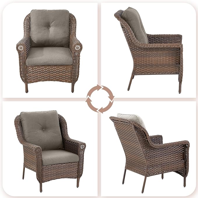 ACTREST Patio Wicker Chairs Outdoor Furniture Chair - Set of 2 Outside All Weather Lawn Dining Brown Rattan Armchair with High Back&Deep Seating for Deck Porch Balcony Backyard Garden - Grey