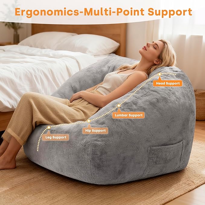 COSIEST Bean Bag Chair, Big Comfy Couch with Side Pocket, Furry Beanbag Chair with Foam Filler for Adults & Kids, Stuffed Accent Sofa for Reading, Lounge Floor Sofa for Living Room, Bedroom, Grey