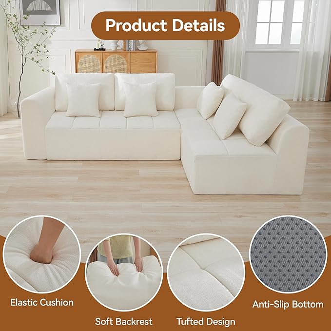 110''Modular Sectional Couches for Living Room, Cloud Boneless Compressed Sofa Right Facing Chaise, Oversized L Shaped 4 Seater Memory Foam Sofa, No Assembly, Chenille Beige