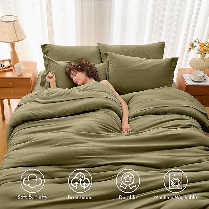 MUXHOMO 5 Pieces Twin Comforter Set, Soft Bed in a Bag Twin Size, All Season Bedding Set with Comforter, Flat Sheet, Fitted Sheet, Pillowcases & Shams, Olive Green