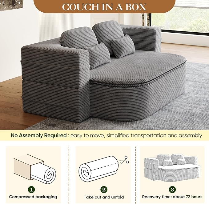 Antetek Convertible Sleeper Sofa, Modern Folding Futon Corduroy Floor Foam Compression Loveseat Sofa Bed Couch, Foldable Full Size Guest Bed with 4 Pillows for Living Room Bedroom Apartment, Grey