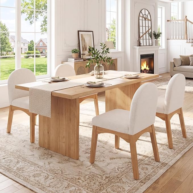 HNY Mid Century Modern Dining Chairs Set of 2, Linen Fabric Upholstered Dining Room Chairs Armless Kitchen Chairs with Solid Rubberwood Legs, Accent Side Chairs for Living Room, Beige