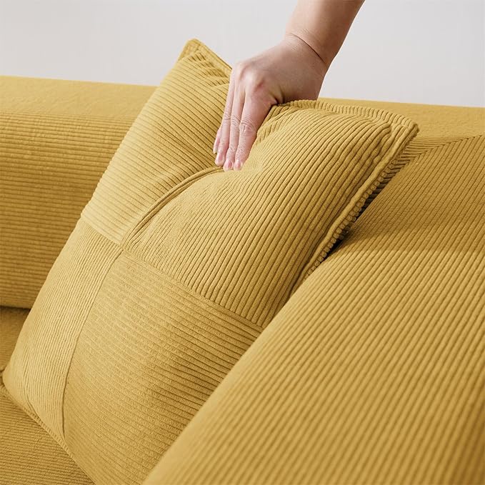 Antetek Convertible Futon Sofa Bed, 3-Seater Modern Corduroy Foam Floor King Size Bed Foldable Sleeper Lounge Loveseat Sofa Couch with 2 Throw Pillows for Living Room Bedroom Guest Room, Yellow