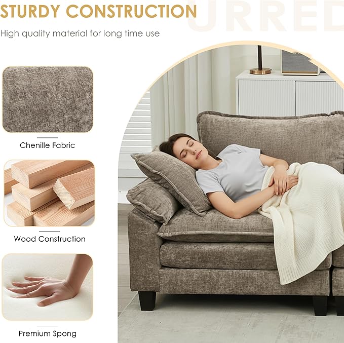 URRED Cloud Couch Modular Sectional Sofa, 122" Modern U Shaped Deep Seat Sofa with 2 Ottomans & Pillows, Ultra Comfy Chenille Couches for Living Room, Bedroom or Apartment, Khaki
