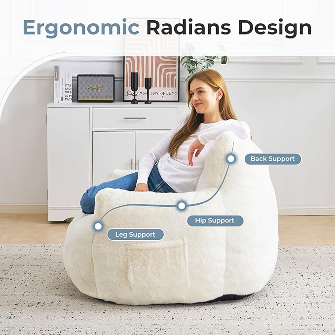 Giant Bean Bag Chair for Adults with Ottoman, Oversized Bean Bag with Filling Plush Fluffy,BeanBag Lazy Sofa Couch with Armrest for Living Room, Stuffed Floor Sofa with Sidepocket for Bedroom, Beige