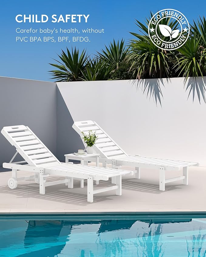 SERWALL Patio Chaise Lounge Chair, Outdoor Lounge Chair with 5 Positions Adjustable Backrest, HDPE Lounger with Rolling Wheels & Cup Holder for Poolside, Beach, Garden, White
