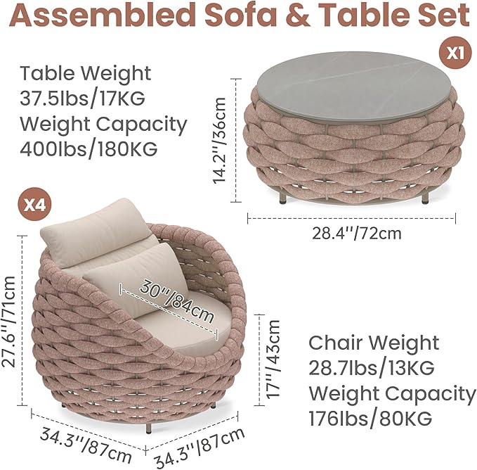 Erotr Aluminum Patio Conversation Set: 5 Pieces Deck Furniture Set All Weather - Cushioned Woven Rope Outdoor Sofa Set Assembled - Metal Modern Couch Set for 400 lbs Porch Garden Hotel, Terracotta