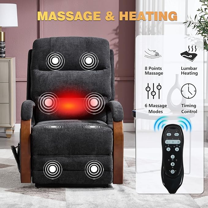 Dual Motor Power Lift Recliner Chair, Lift Chair with Massage and Heat for Elderly, Lay Flat Recliner, Standing Assistance, Infinite Position Reclining, Living Room Chair, Chenille, Black
