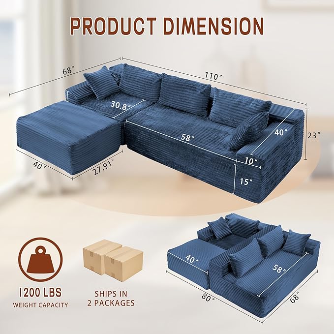 Korser 110" Sectional Couches for Living Room, Modular Sectional Sofa with L-Shape Chaise, Cloud Couch, Comfy Corduroy Fluffy Couch with Deep Seat and Side Pockets