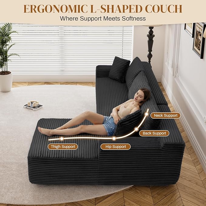 95" Boneless Cloud Sectional Couches for Living Room, Comfy Fluffy L Shaped Memory Foam Deep Seat Boneless Couch, Modular Sectional Sofa with Left Facing Chaise, Black