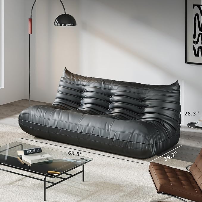 Comfy Lazy Floor Sofa Couch,Bean Bag Chairs,Soft Armless Fireside Chair,Faux Leather Lounge Chair,Corner Relax Couch for Living Room Bedroom,Salon Office,Adults（Black+3 Seat