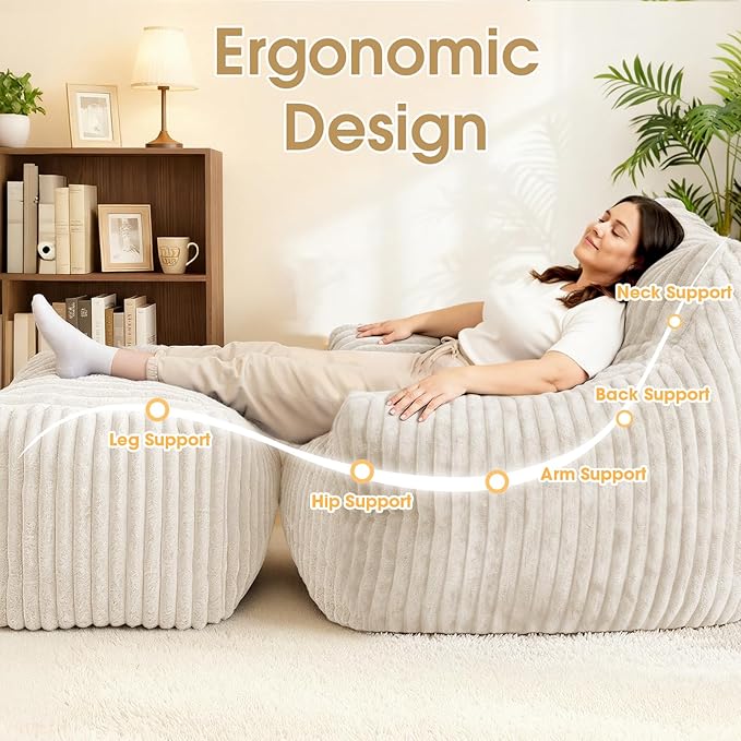 Giant Bean Bag Chair with Ottoman, Oversized Plush Comfy Bean Bag Sofa for Adults and Kids, Memory Foam Mini Couch Single Lounges for Living Room, Bedroom & Game Room(Beige)
