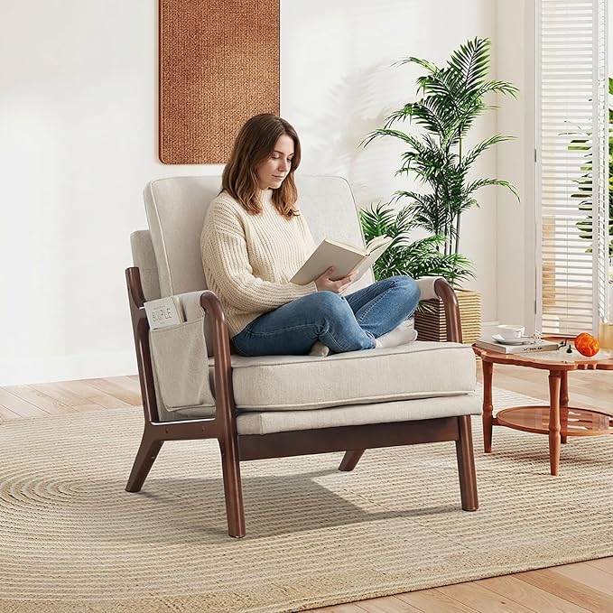 CANMOV Accent Chairs Set of 2, Mid Century Modern Chair with Extra Side Storage Pocket Upholstered Reading Armchair with Waist Cushion, Accent Chair for Living Room Bedroom, Easy Assembly, Beige