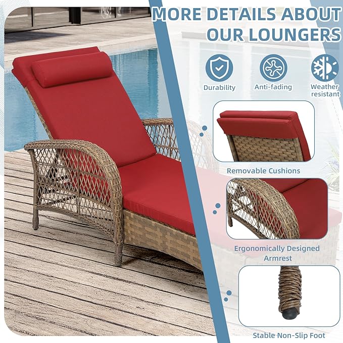 WINGTU Outdoor Chaise Lounge Chair Set of 2, PE Wicker Recliner Patio Reclining Sunbathing Chair with Cushion, 6-Position Patio Lounge Chair with Adjustable High Backrest, Armrest & Pillow, Red