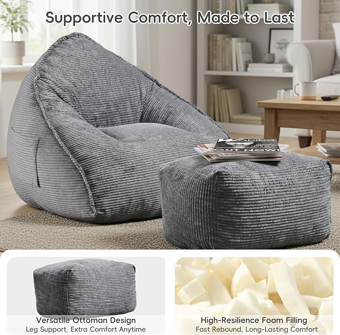 Cloud Bean Bag Chair with Ottoman for Adults, Comfy Corduroy Chaise Lounge Chair with High-Resilience Foam, Boneless Reading Chair for Bedroom & Living Room (Grey)