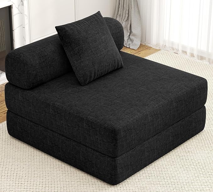 DURASPACE 39.2'' Folding Sofa Bed, Floor Foldable Futon with Memory Foam, Convertible Sleeper Chair with Back Support for Living Room (Chenille Black)