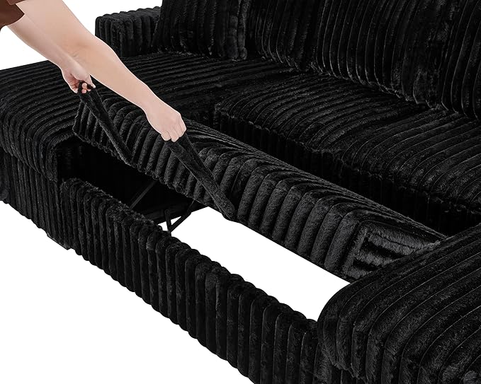 Olodumare 122'' Oversized Sleeper Sectional Sofa with Pull Out Bed for Living Room, U-Shaped Convertible Couch with Double Chaise Storage for Small Space, Plush Comfy Corduroy Fabric, Polar Black