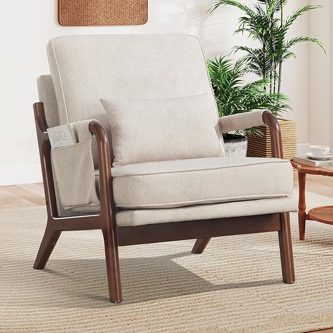 CANMOV Mid Century Modern Accent Chair with Extra Side Storage Pocket Upholstered Reading Armchair with Waist Cushion, Accent Chair for Living Room Bedroom, Easy Assembly, Beige