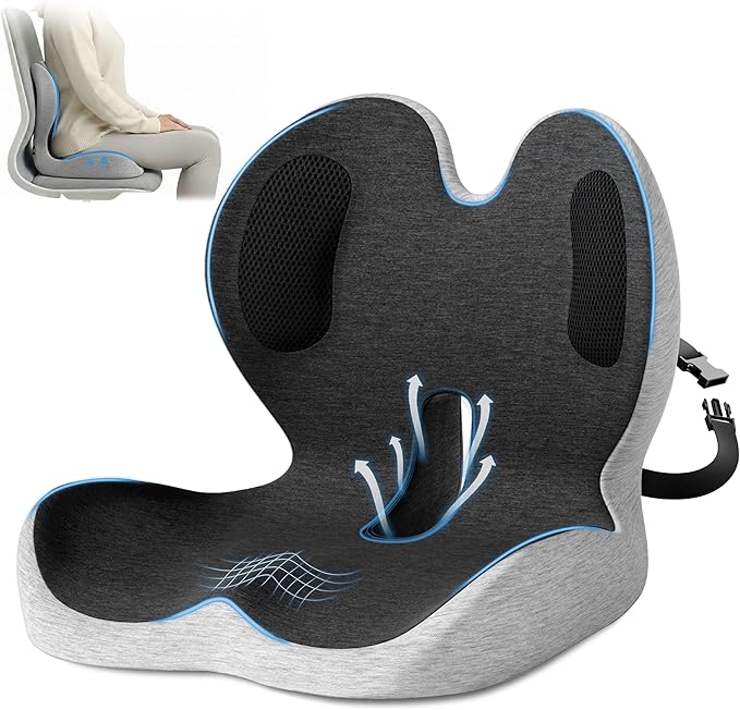 Office Chair Cushions with Lumbar Support Pillow, Soothe Back and Seat Cushion Memory Foam, Non Slip Adjustable Strap for Lower Back Pain Sciatica Relief Office Workers Car Drivers (Black+Light Gray)